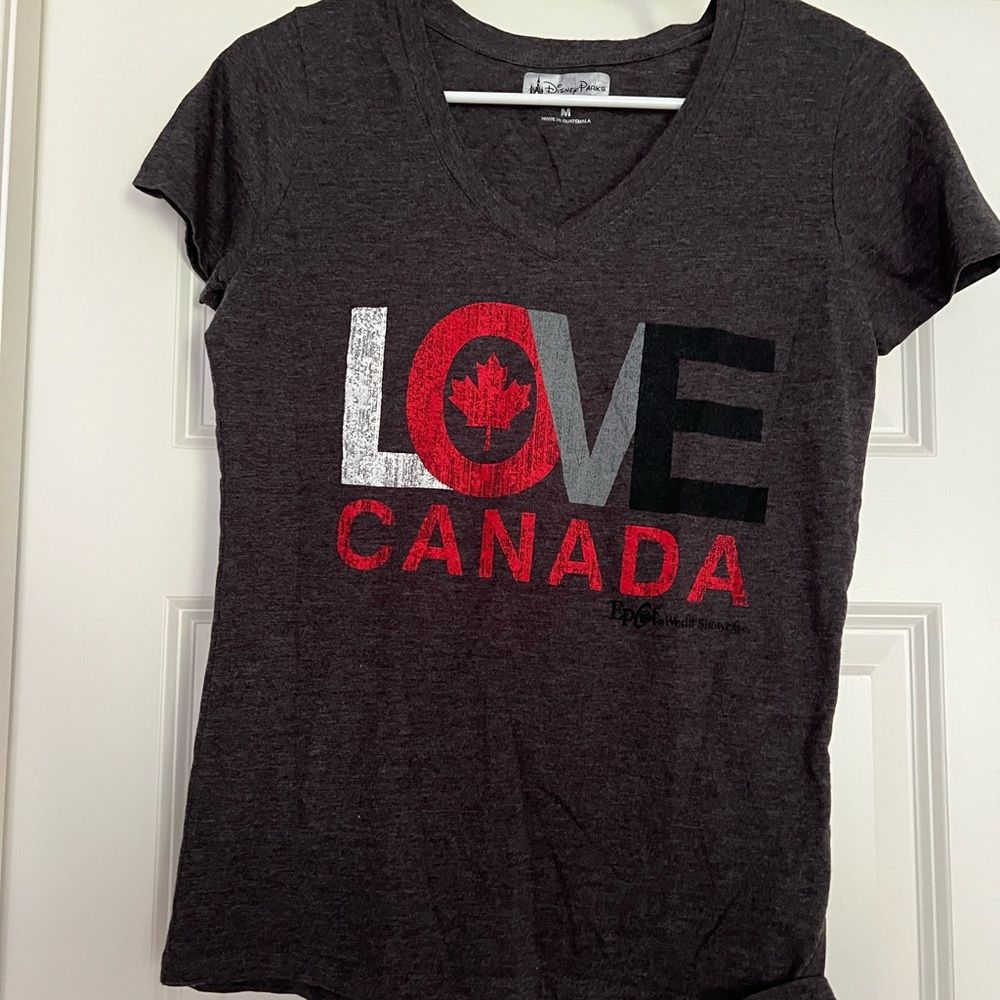 Disney Charcoal V-Neck Tee with Red and White LOVE CANADA Graphic